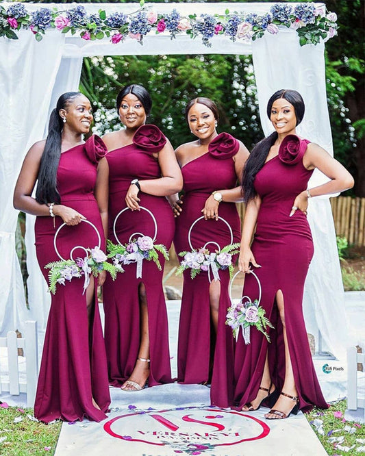 Sexy One Shouder Mermaid Bridesmaid Dresses Satin Slit