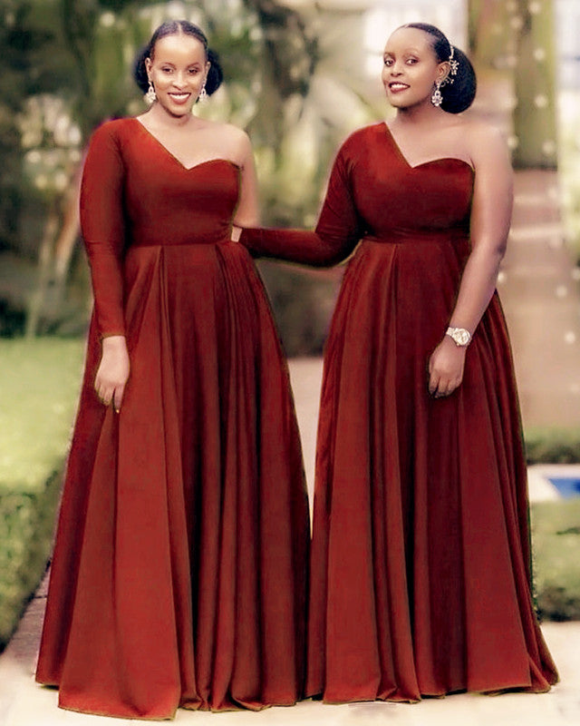 One Shoulder Floor Length Bridesmaid Dresses With Sleeves