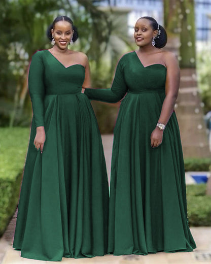 One Shoulder Floor Length Bridesmaid Dresses With Sleeves