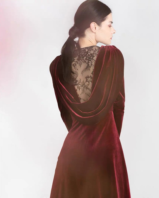 Sleeved Velvet Formal Dresses With Lace Back