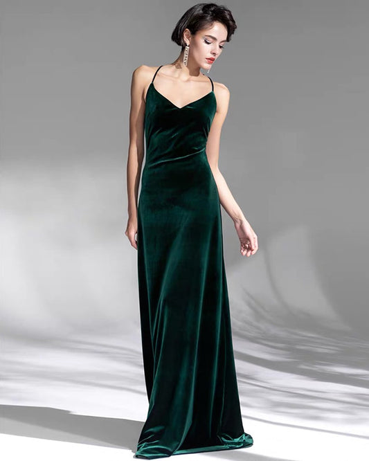 Long Bridesmaid Dresses Velvet V Neck Open Back