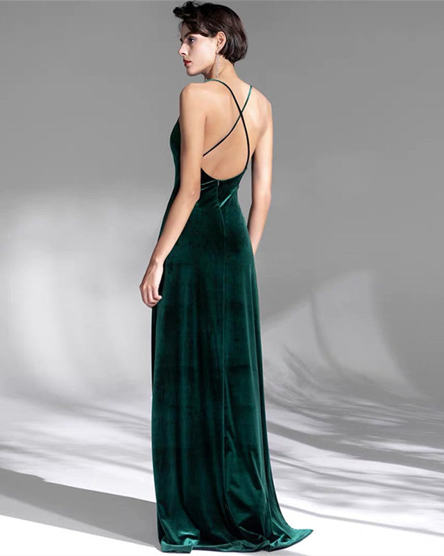 Long Bridesmaid Dresses Velvet V Neck Open Back