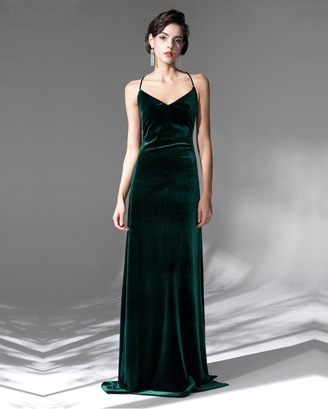 Long Bridesmaid Dresses Velvet V Neck Open Back