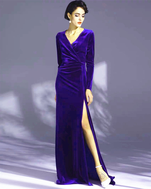 Long Sleeve Velvet V Neck Split Bridesmaid Dresses