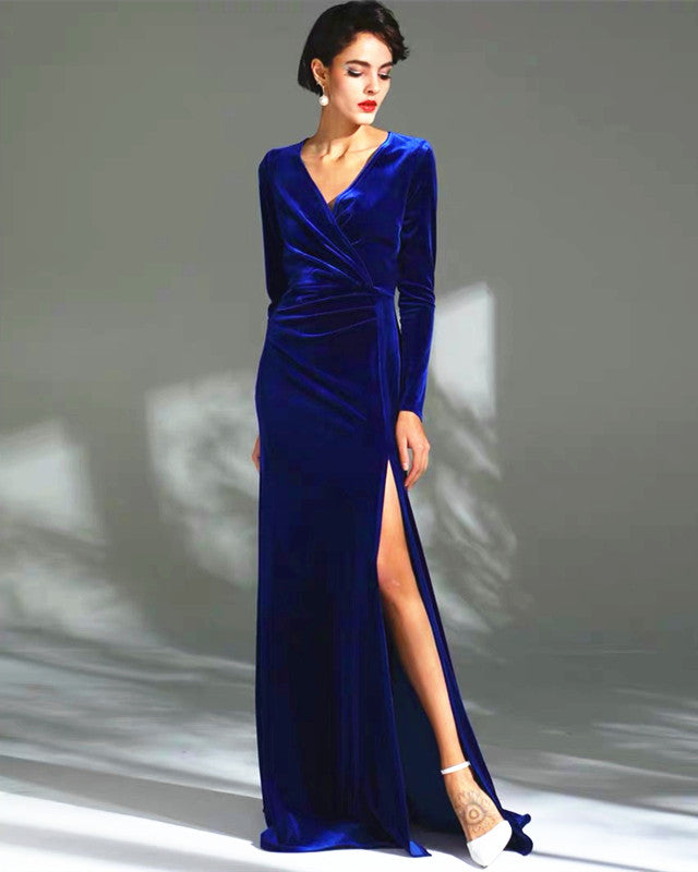 Long Sleeve Velvet V Neck Split Bridesmaid Dresses