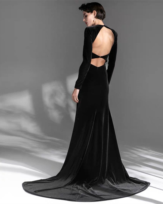 Long Sleeves Open Back Mermaid Velvet Dresses