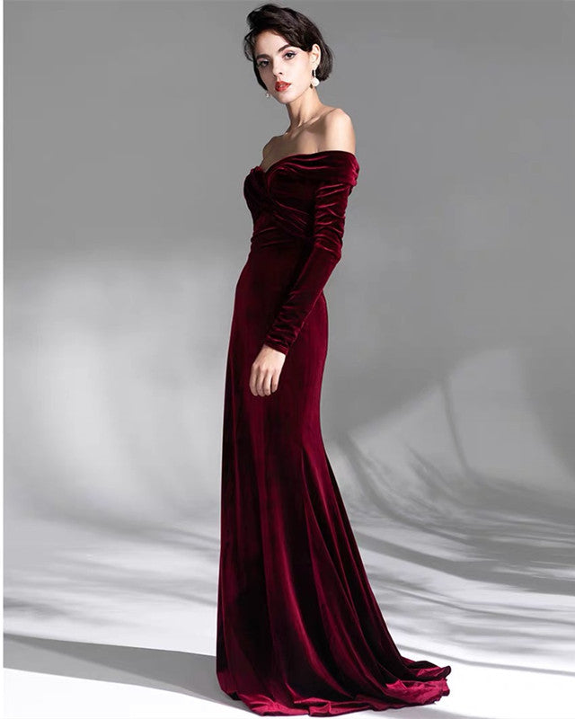 Mermaid Velvet Long Sleeve Off The Shoulder Bridesmaid DResses