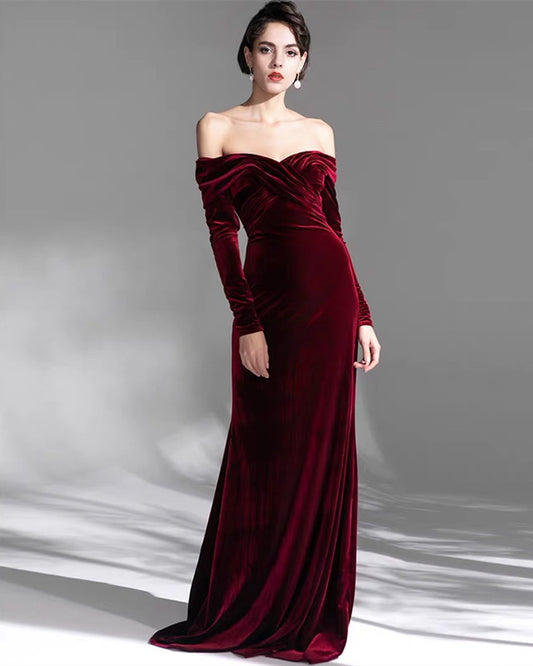 Mermaid Velvet Long Sleeve Off The Shoulder Bridesmaid DResses