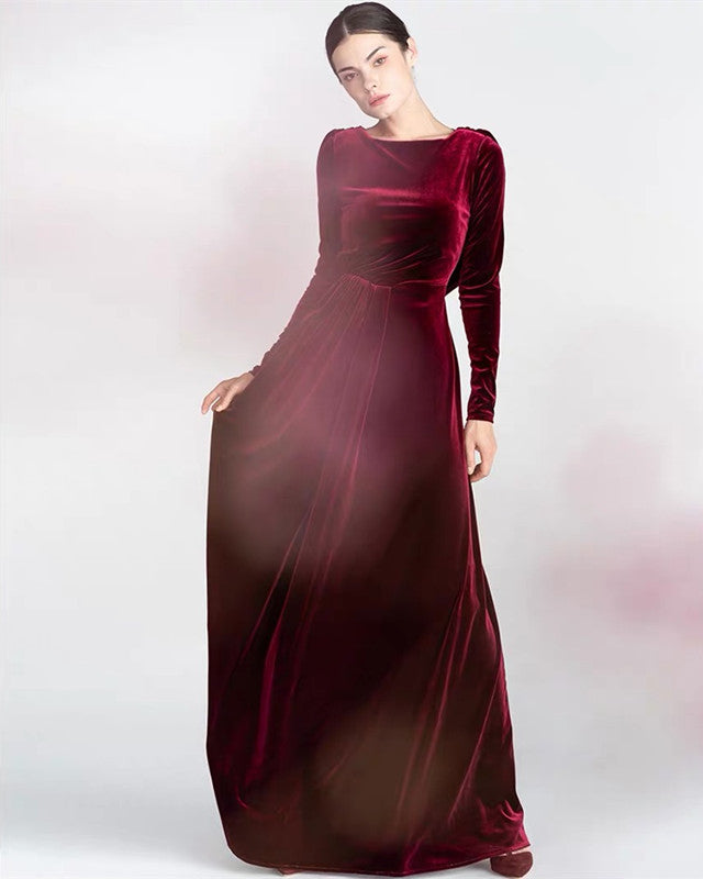 Sleeved Velvet Formal Dresses With Lace Back