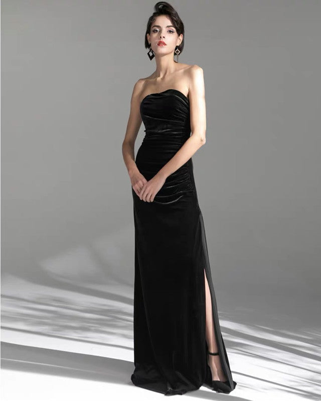 Velvet Strapless Bridesmaid Dresses Side Split