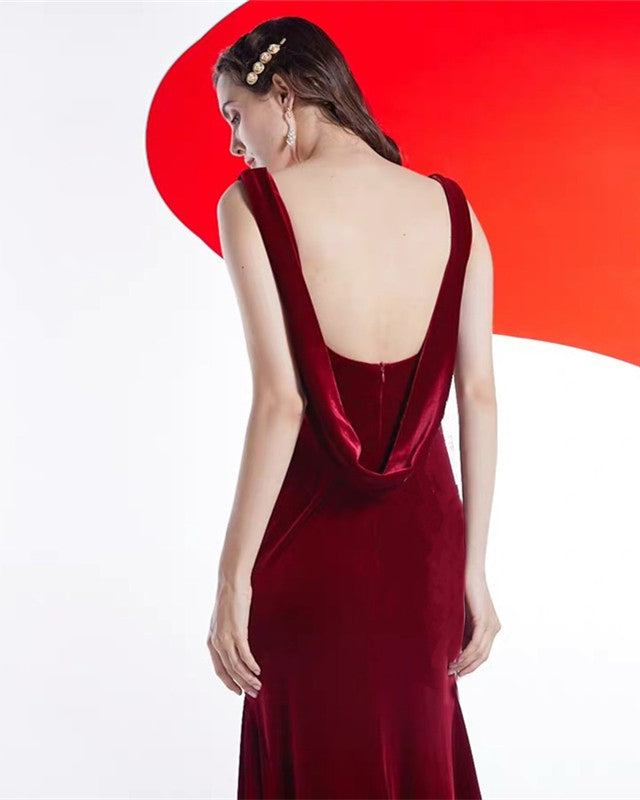 Mermaid V Neck Draped Back Velvet Dresses