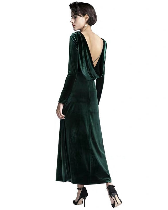 Long Sleeves Draped Back Velvet Evening Party Dresses