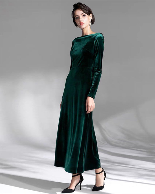 Long Sleeves Draped Back Velvet Evening Party Dresses