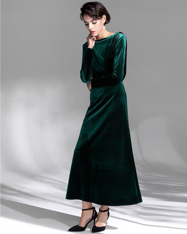 Long Sleeves Draped Back Velvet Evening Party Dresses