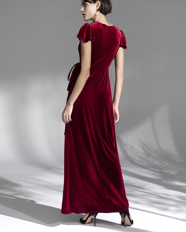 Velvet Cap Sleeves Front Slit Bridesmaid Dresses