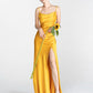 Long Gold Satin Fitted Bridesmaid Dresses Side Split
