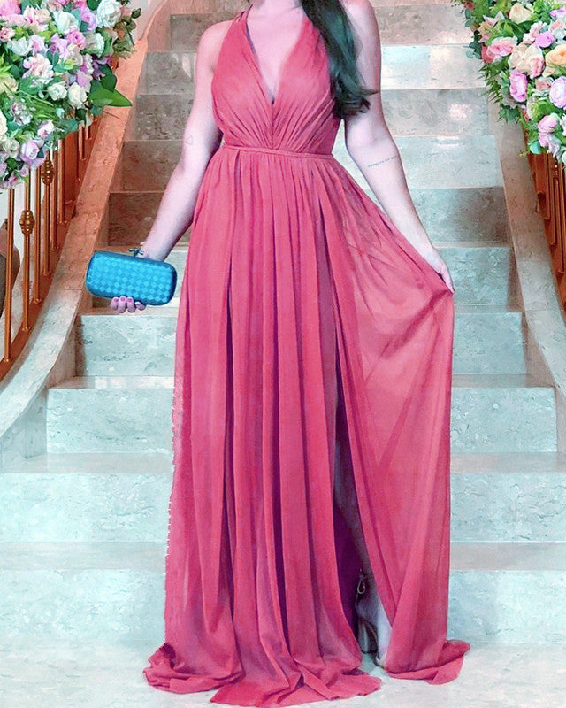 Long Pleated Tulle V Neck Bridesmaid Dresses