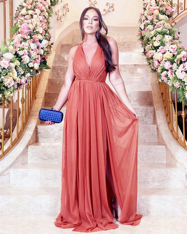 Long Pleated Tulle V Neck Bridesmaid Dresses