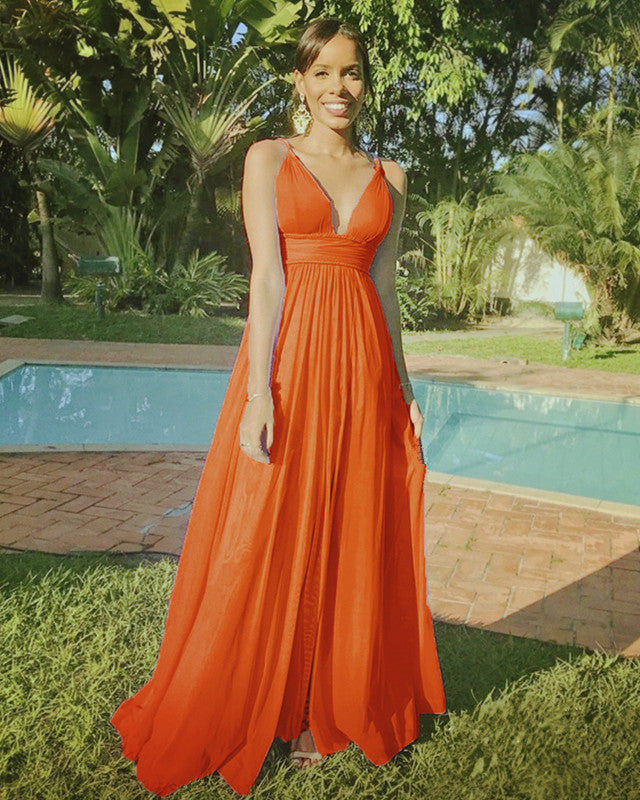 Rustic Chiffon Bridesmaid Dresses Plunge Neck Side Slit