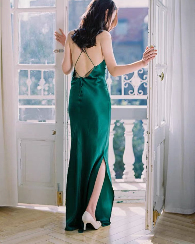 Cowl Neck Open Back Bridesmaid Dresses Satin Split