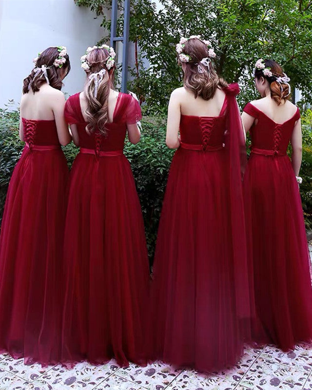 Burgundy Tulle Bridesmaid Dresses Mixed Style