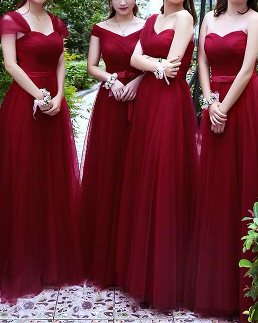 Burgundy Tulle Bridesmaid Dresses Mixed Style