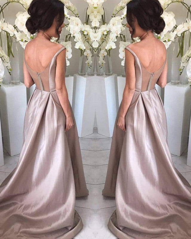 Long Taupe Satin Bridesmaid Dresses V Neck Open Back