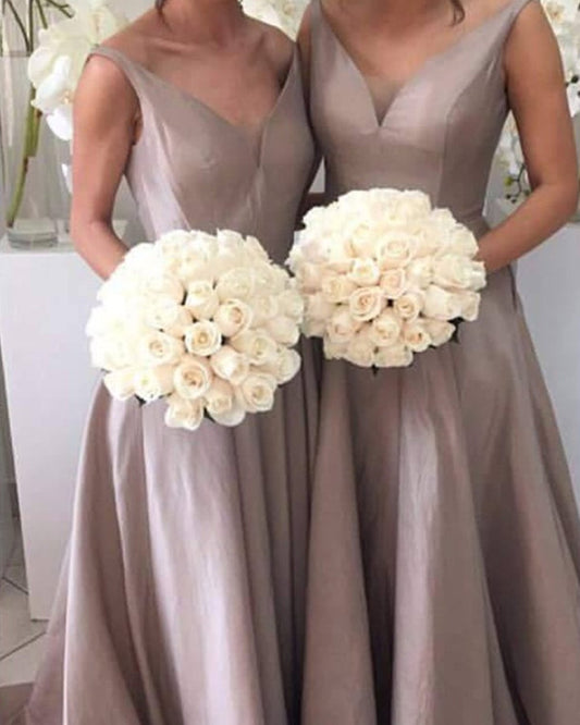 Long Taupe Satin Bridesmaid Dresses V Neck Open Back