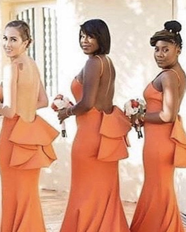 Mermaid Ruffles Back Bridesmaid Dresses Spaghetti Straps