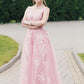 Elegant A-line V Neck Tulle Long Dresses Lace Appliques