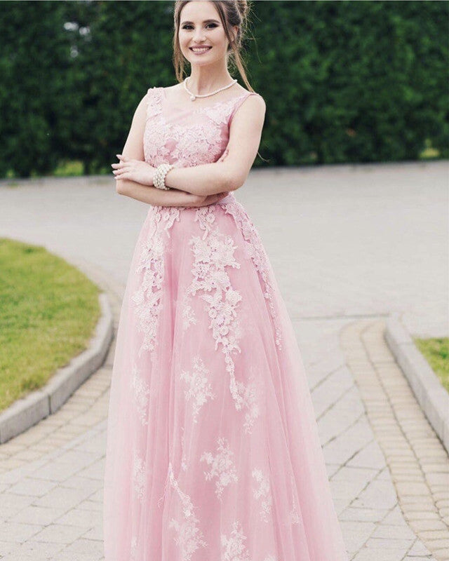 Elegant A-line V Neck Tulle Long Dresses Lace Appliques