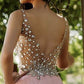 Beaded V Neck Split Chiffon Prom Dresses Open Back