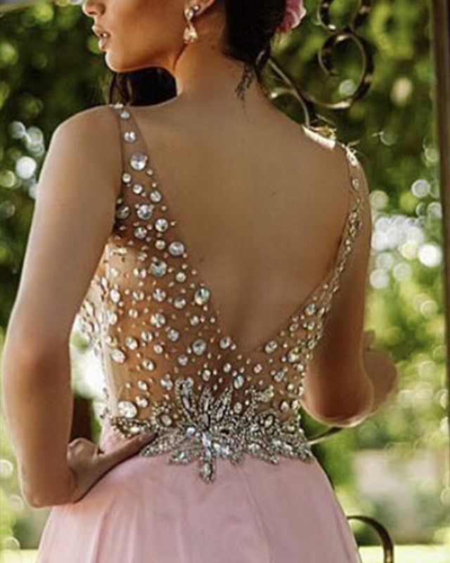 Beaded V Neck Split Chiffon Prom Dresses Open Back