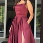 Long Strapless Satin Slit Dress With Pockets