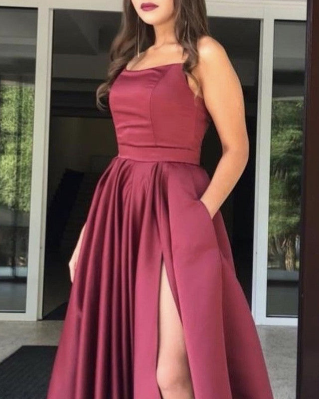 Long Strapless Satin Slit Dress With Pockets