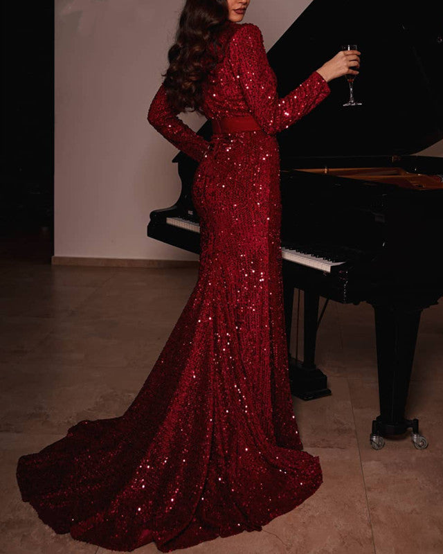 Sleeved Mermaid Sequins Split Dress