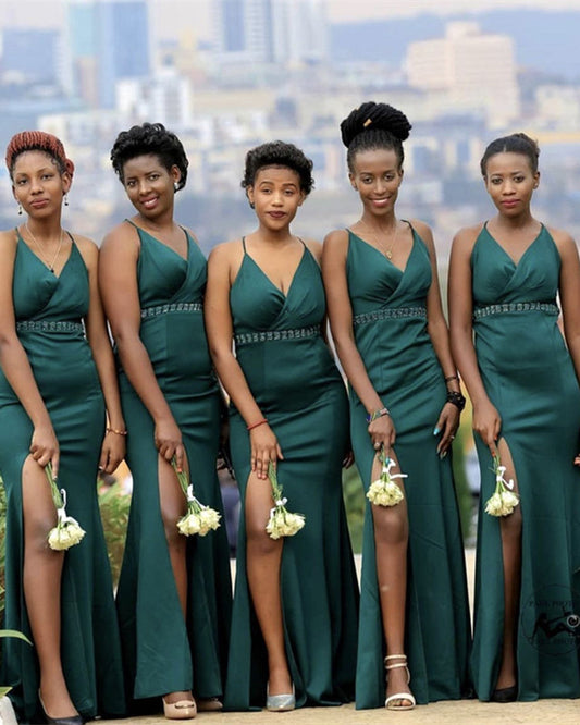 Mermaid V Neck Split Bridesmaid Dresses Beaded Sashes