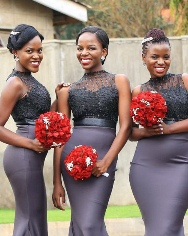 Black Lace High Neck Bridesmaid Dresses Mermaid