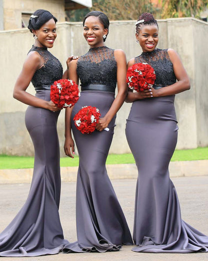 Black Lace High Neck Bridesmaid Dresses Mermaid