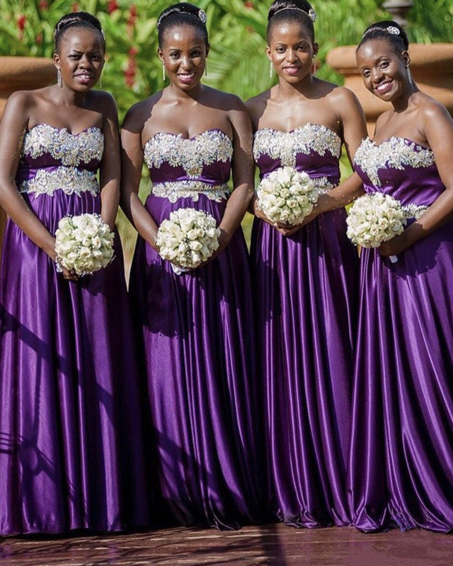Lace Embroidery Sweetheart Bridesmaid Dresses Satin Floor Length