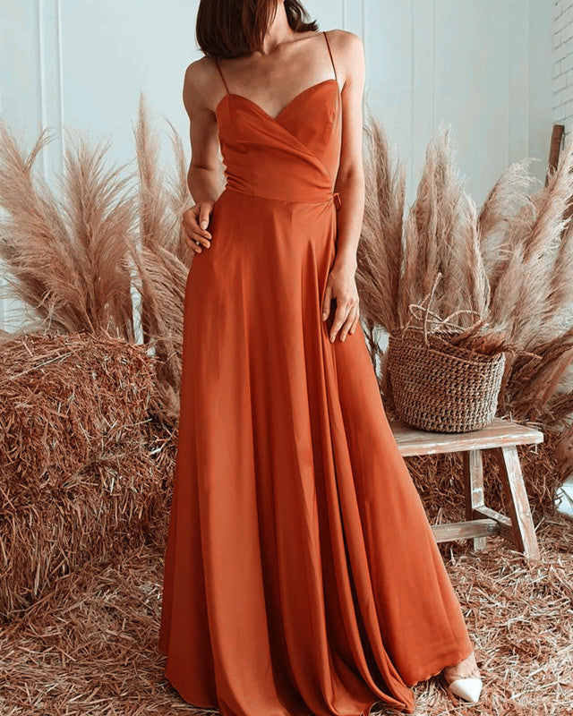 Long Pleated V Neck Bridesmaid Dresses with straps