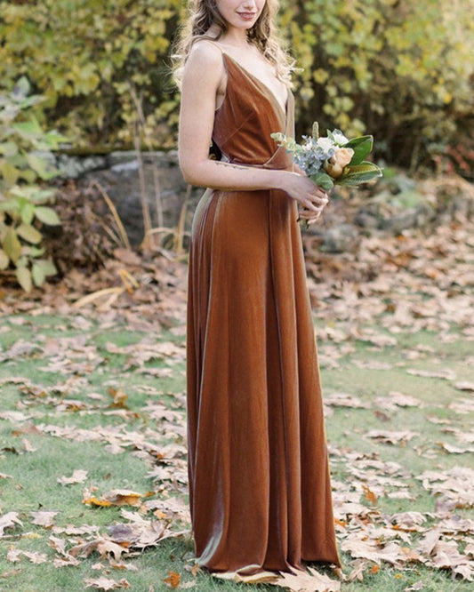 Simple Velvet Bridesmaid Dresses V Neck Floor Length