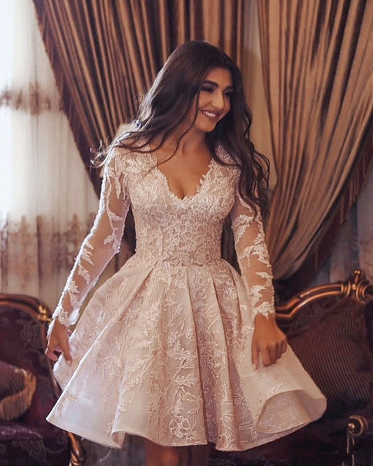 Long Sleeves Homecoming Dresses Lace V Neck Ruffles