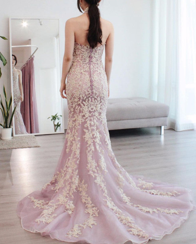 Halter Neck Mermaid Lace Prom Dresses Open Back