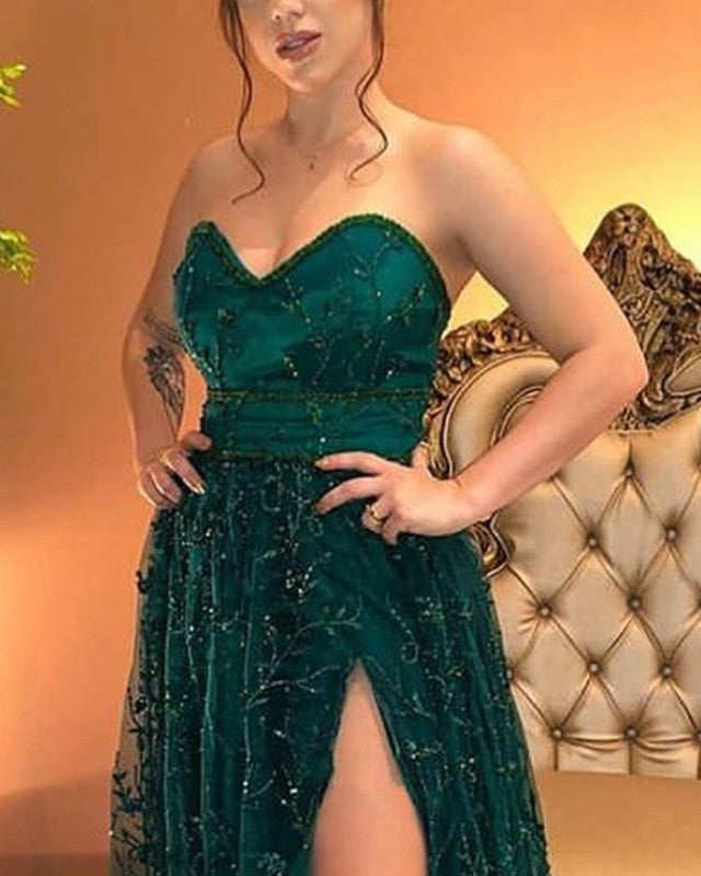 Elegant Sweetheart Split Prom Dresses Lace Embroidery
