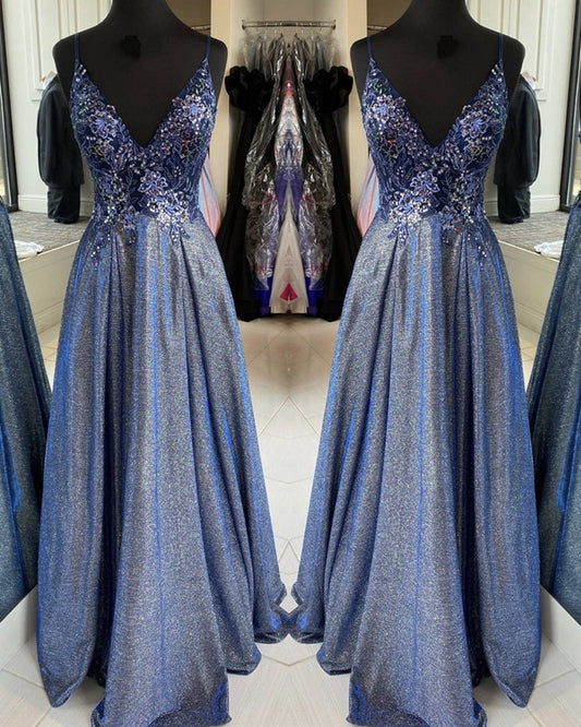 Long Silver Blue Glitter Prom Dress