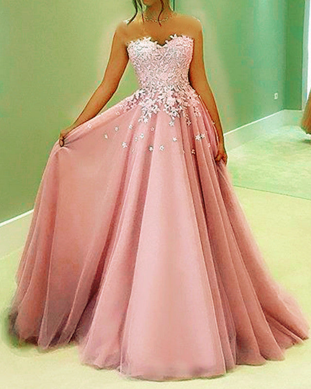 Tulle Sweetheart Prom Dresses Lace Appliques Elegant