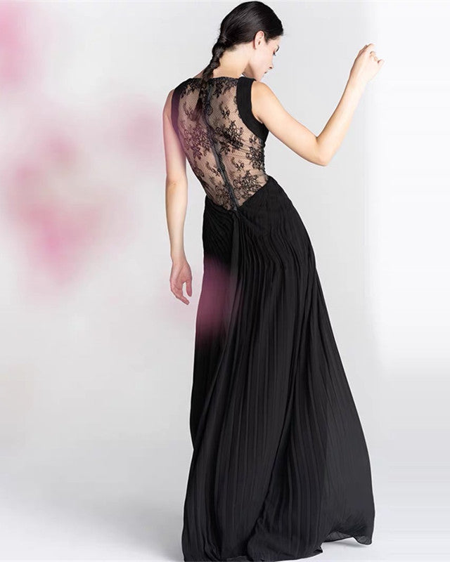 Sheer Lace Back Prom Dresses Chiffon Pleated