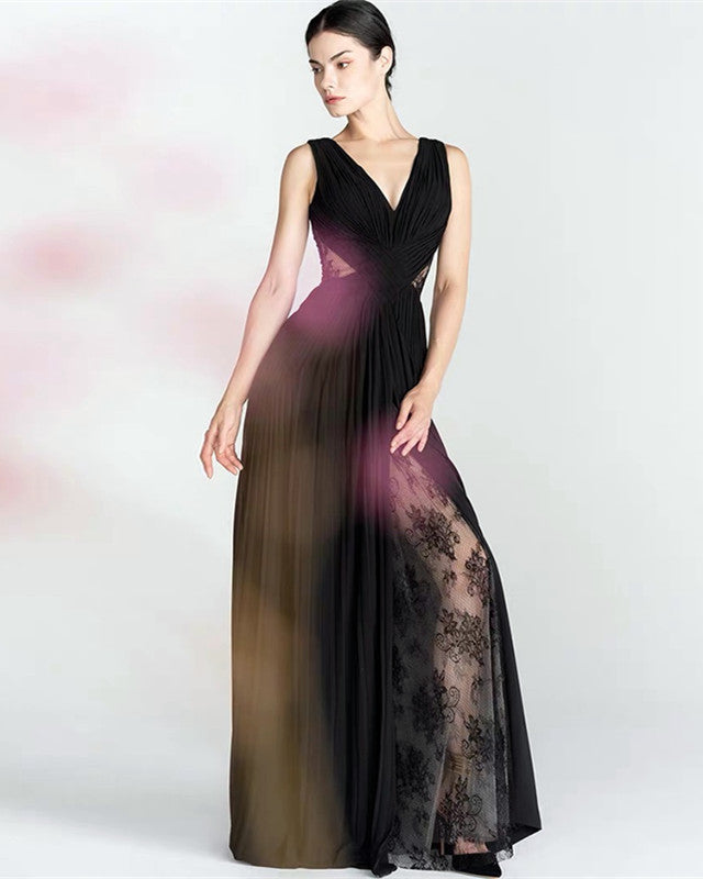 Sheer Lace Back Prom Dresses Chiffon Pleated