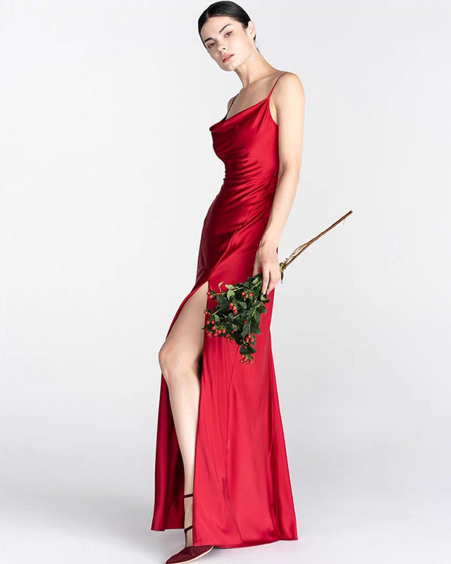 Sexy Long Prom Dresses Ruched Neck Side Split